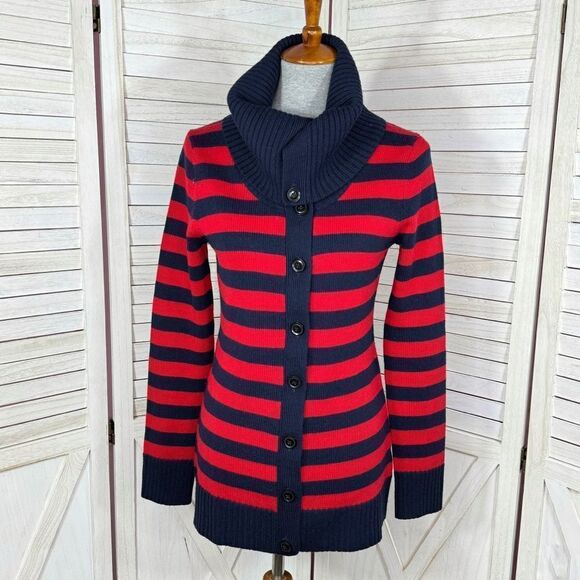 Banana Republic Striped Shawl Collar Button Up Cardigan Sweater Red Blue Small - Picture 5 of 12